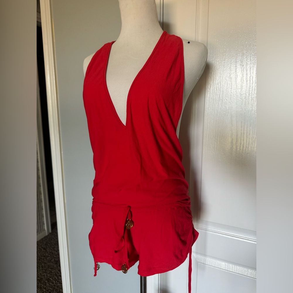 Luli Fama Red Deep V Sleeveless Romper in size Small